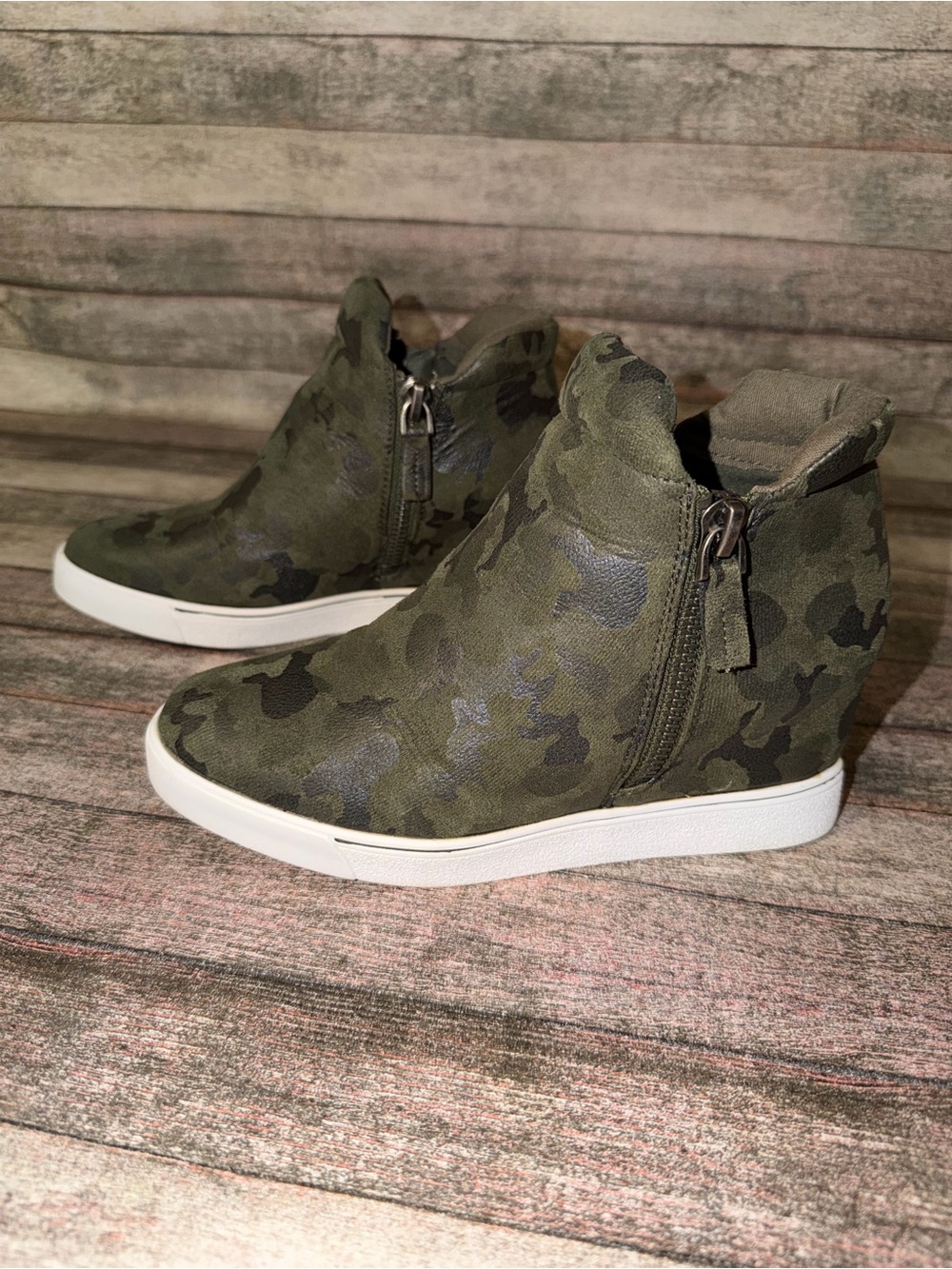 Sugar Olive Camo Wedge Sneaker Booties with Side Zip